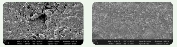 SEM Images of VISALYS® BIOCERAMIC on the right against competitive material on the left. 